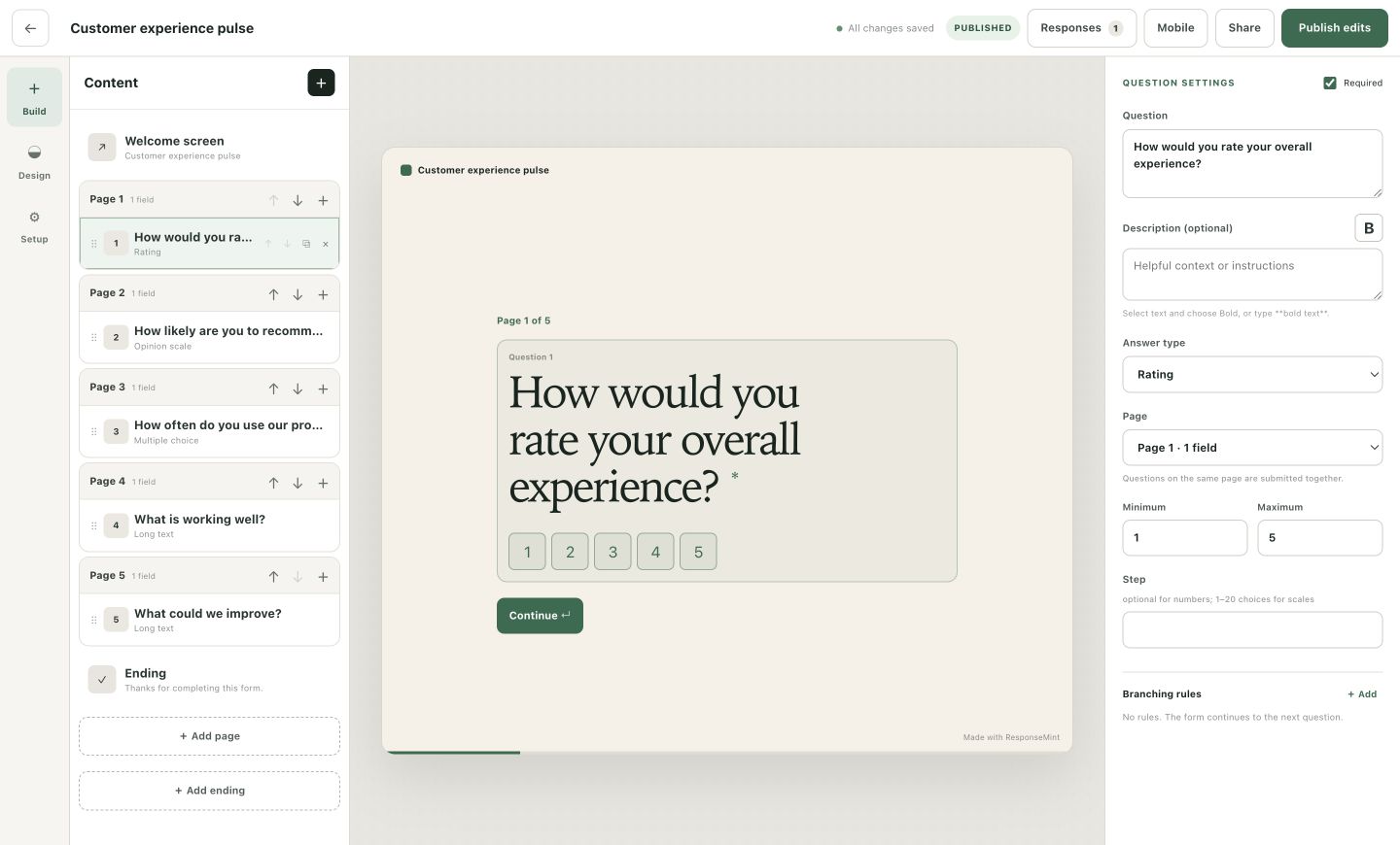 Real ResponseMint visual builder showing a customer feedback form