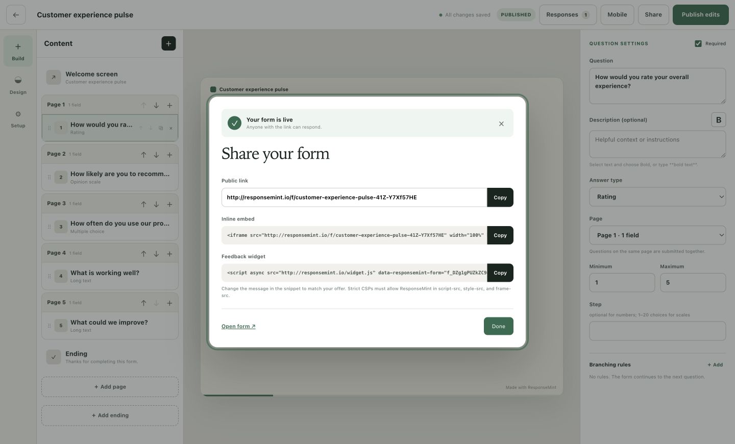 Real ResponseMint publish and share dialog